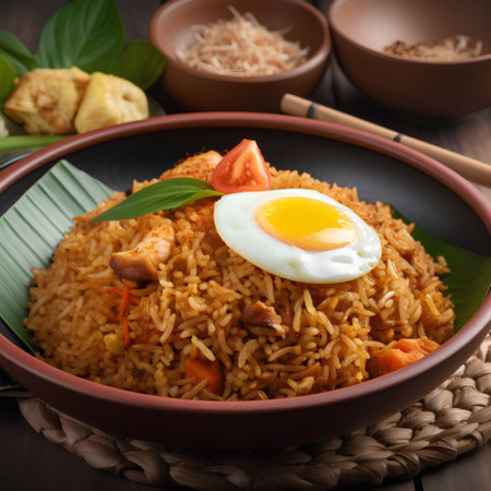 Fried rice with egg and vegetables in a plate on a wooden backgroundの素材
