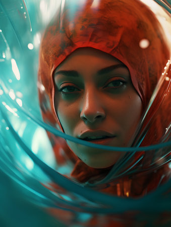 Portrait of a beautiful african american woman in futuristic helmetの素材