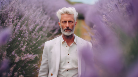 Portrait of senior man standing in lavender field, looking at camera.の素材