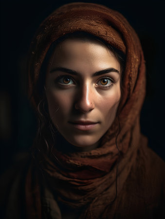 Portrait of a beautiful young woman with a scarf on her headの素材