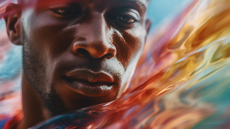 Portrait of handsome african american man with abstract multicolored background.の素材