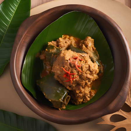 Thai food, curry chicken with banana leaf in wooden bowl.の素材