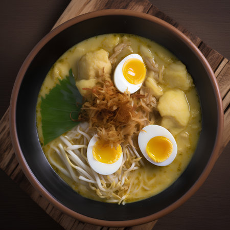 Bowl of asian noodle soup with egg on wooden tableの素材