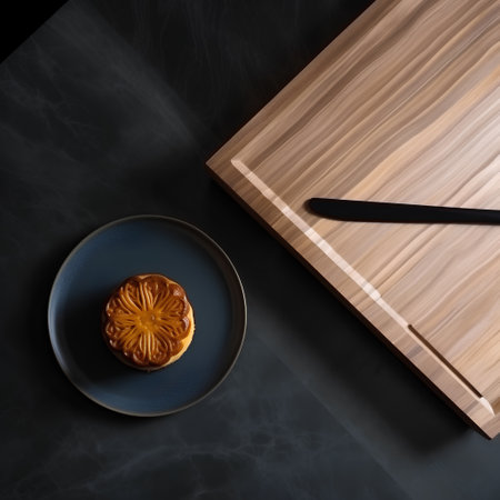 Moon cake on black plate with chopsticks on wooden cutting board.の素材