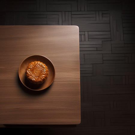 Mooncake on wooden table, 3d rendering. Computer digital drawing.の素材