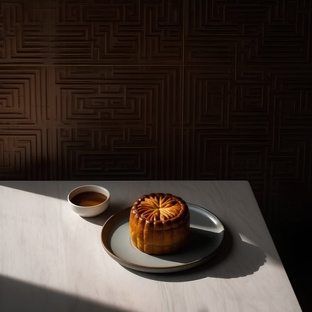 Moon cake and cup of coffee on wooden table in morning light.の素材