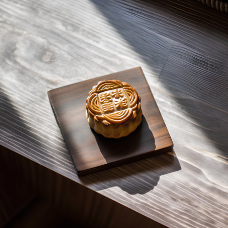 Moon cakes on wooden table. Chinese mid-autumn festival food.の素材