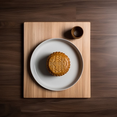 Mooncake on a plate on wooden background, top view, copy spaceの素材