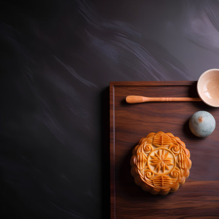 Moon cakes on dark background, Chinese mid autumn festival food, copy spaceの素材