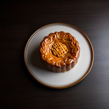 Moon cake on a white plate on a dark wooden background, top viewの素材