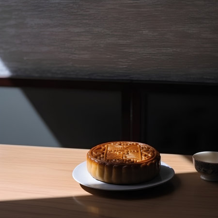 Moon cake on wooden table with coffee cup in the morning, Chinese mid autumn festival foodの素材