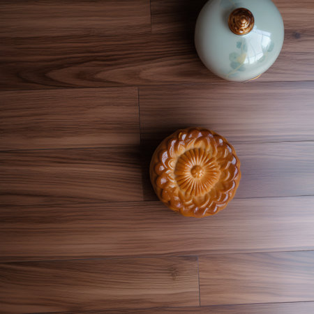 Moon cakes on a wooden table. Top view. Copy space.の素材