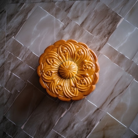 Traditional homemade moon cakele background. Top view. Toned.の素材