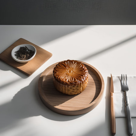 Moon cake on wooden plate with cutlery on white table.の素材