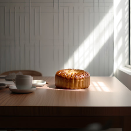 Fresh homemade pie and cup of coffee on a wooden table. 3d renderingの素材