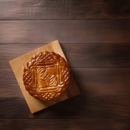 Moon cake on a wooden background. Top view. Copy space.の素材