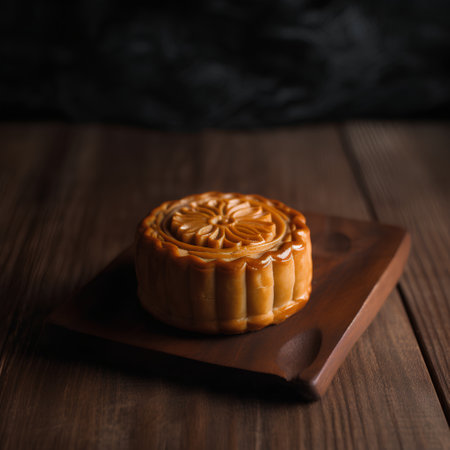 Moon cake on a wooden board. Dark background. Copy space.の素材
