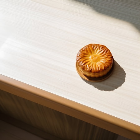Moon cake on the table in the morning light and shadow from the windowの素材