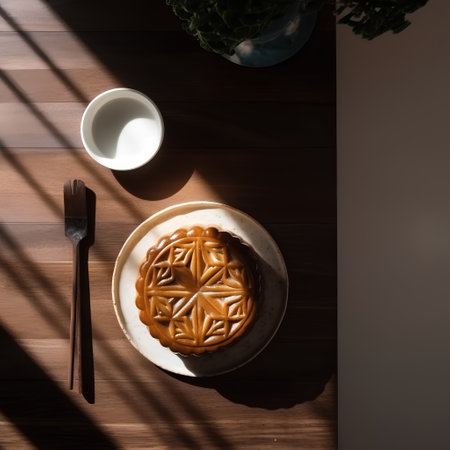 Moon cake on wooden table with a cup of milk, top viewの素材
