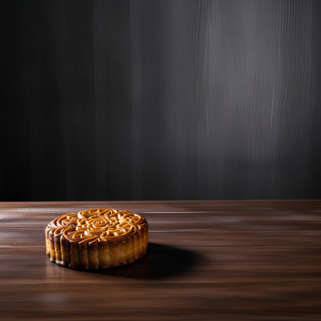 Moon cake on wooden table and blackboard background. Copy space.の素材