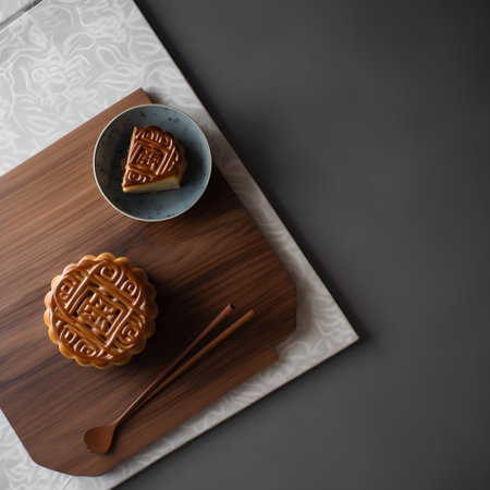 Traditional chinese moon cake on a wooden board with chopsticks.の素材