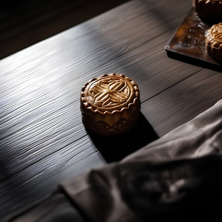 Moon cakes on a wooden table with copy space. Toned.の素材