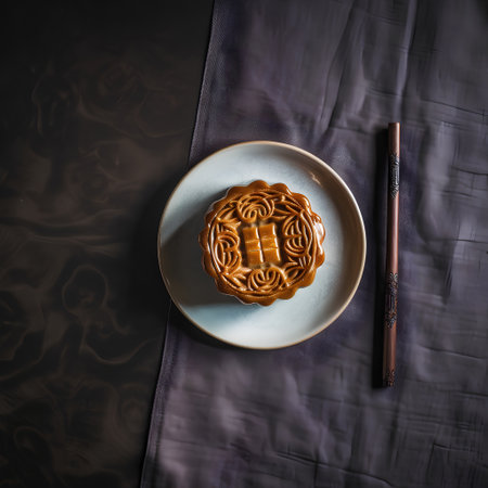 Moon cake on plate with chopsticks on dark background, top viewの素材