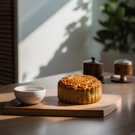 Moon cake for Mid Autumn Festival on wooden table with morning light.の素材