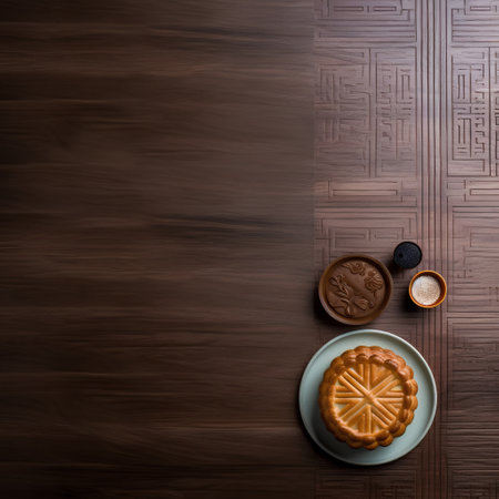coffee and cake on a wooden background, top view, copy spaceの素材