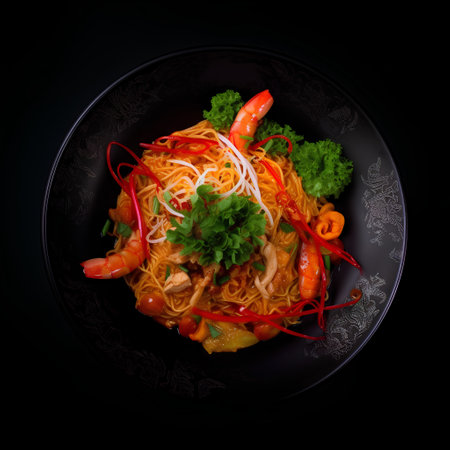 Chinese noodles with shrimps and vegetables on a black background.の素材