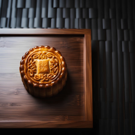 Moon cake for Mid Autumn Festival on wooden tray with copy space.の素材