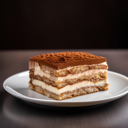 Tiramisu cake on a plate on a wooden table.の素材