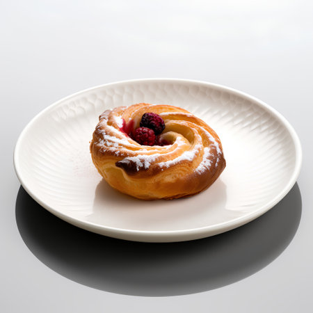 Raspberry buns on a white plate on a gray background.の素材