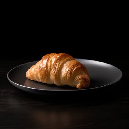 Croissant on a black plate on wooden table with black backgroundの素材