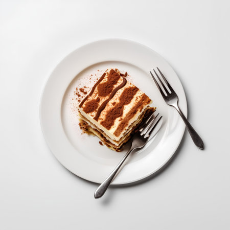 Tiramisu cake on white plate with fork, top viewの素材
