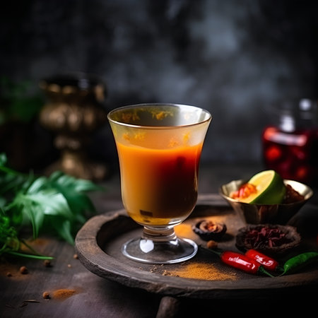 Hot chilli drink in glass on wooden table. Selective focusの素材