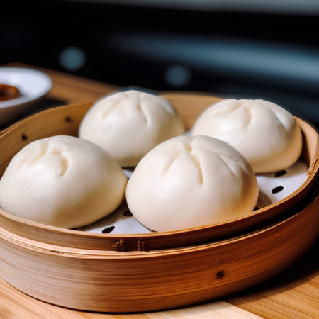 steamed bun in bamboo steamer, chinese dim sum.の素材