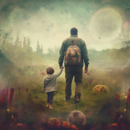 Back view of father and son walking in autumn forest with big backpackの素材