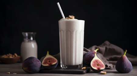 Glass of fig smoothie with milk and fresh figs on a black backgroundの素材