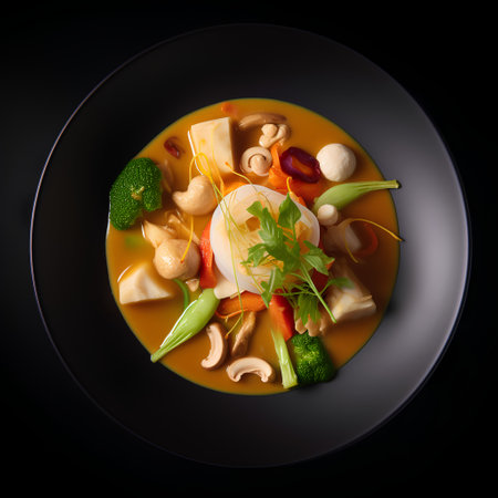 Soup with vegetables and mozzarella on black background. Top viewの素材