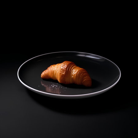 Croissant on a black plate, isolated on black background.の素材
