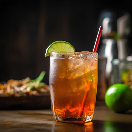 Cuba libre cocktail with lime and ice on a dark backgroundの素材