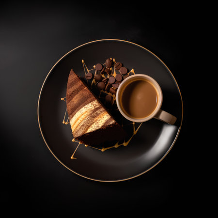 Cup of coffee and chocolate cake on black background, top viewの素材
