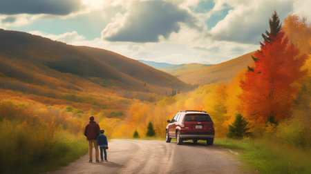 Father and son travel by car in autumn mountains. Happy family vacation.の素材