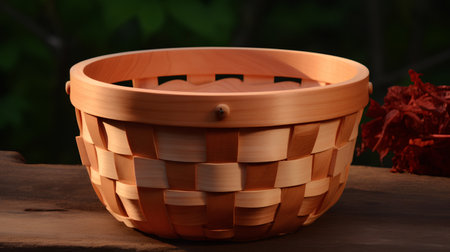 Wooden basket on a wooden table in the garden. Close-up.の素材