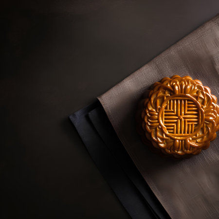 Moon cake on black background. Top view with space for your textの素材