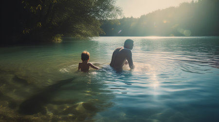 Young man and woman relaxing in the water of a mountain lake.の素材