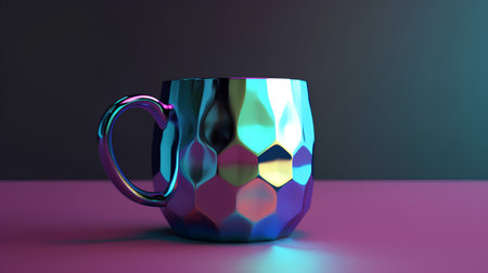 3D render of a metal mug with a pattern on a dark backgroundの素材