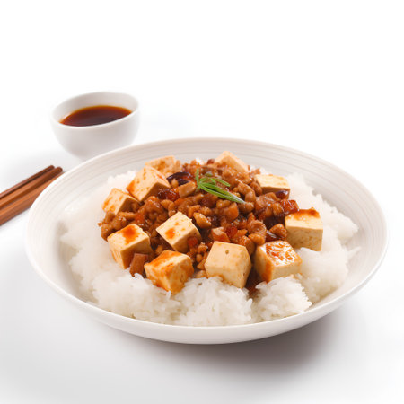 Rice with tofu and soy sauce on white background, top viewの素材