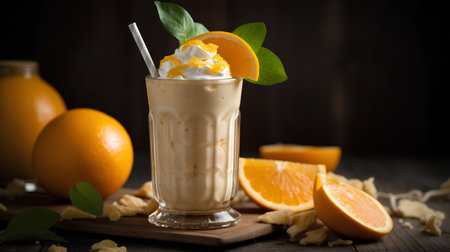 Fresh orange smoothie with whipped cream in a glass on wooden backgroundの素材